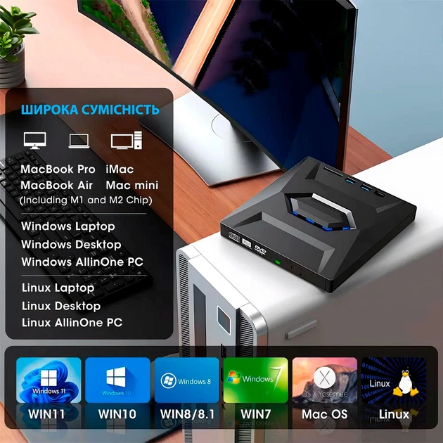Зовнішній оптичний DVD-привід 5 в 1 з інтерфейсом Type-C та USB3.0