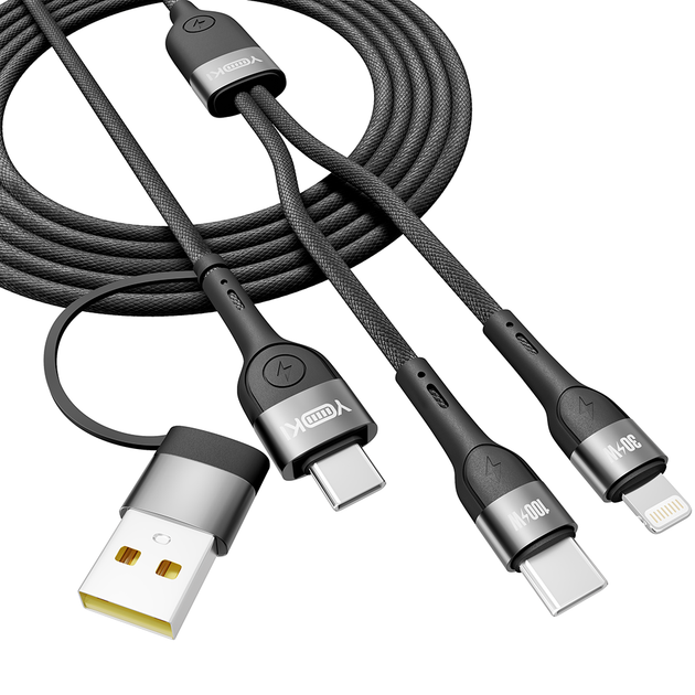 Кабель для зарядки и обмена данными USB YOKI YK-UN91 UNIVERSE USB-A/Type-C to Type-C/Lightning 100W (5A/20V) 1.2m Черный - Фото 3 Кабель для зарядки и обмена данными USB YOKI YK-UN91 UNIVERSE USB-A/Type-C to Type-C/Lightning 100W (5A/20V) 1.2m Черный - изображение 3