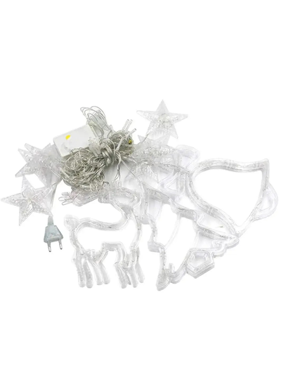 Гирлянда штора Звезды, елки, олени, колокольчики (12 фигурок) 120 L, 3*1 м, белая, USB+батарейка - изображение 2