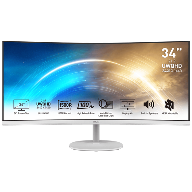 Монітор 34" MSI PRO MP341CQW VA безрамковий/вигнутий екран Білий - Фото 1 Монітор 34" MSI PRO MP341CQW VA безрамковий/вигнутий екран Білий - зображення 1