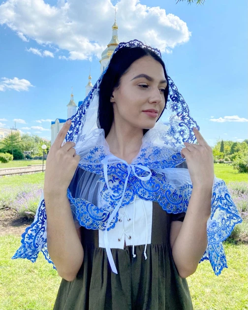 Накидка палантин для храма Family Tradition фатин с кружевом 50 см белый Синева - изображение 3