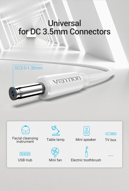 Кабель питания Vention DC 3.5мм х 1.35мм - USB 5V 2A для зарядки для роутера, сплиттера 1.5 м White (CEXWG) - Фото 4 Кабель питания Vention DC 3.5мм х 1.35мм - USB 5V 2A для зарядки для роутера, сплиттера 1.5 м White (CEXWG) - изображение 4