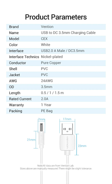 Кабель питания Vention DC 3.5мм х 1.35мм - USB 5V 2A для зарядки для роутера, сплиттера 1.5 м White (CEXWG) - Фото 5 Кабель питания Vention DC 3.5мм х 1.35мм - USB 5V 2A для зарядки для роутера, сплиттера 1.5 м White (CEXWG) - изображение 5