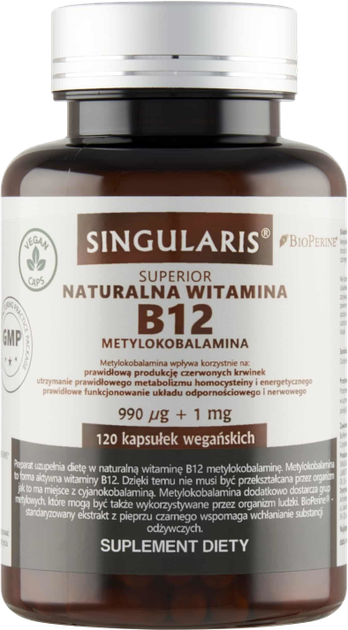 Witamina B12 Singularis Natural Methylcobalamin 990 Mcg + Bioperine 1 Mg 120 caps (5907796631751) - obraz 1