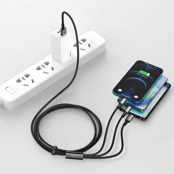 Кабель Baseus Tungsten Gold Fast Charging Data Cable 3-in-1 Cable USB to Lightning+Type-C+MicroUSB 3.5А 1.5м (CAMLTWJ-01) Black - Фото 7 Кабель Baseus Tungsten Gold Fast Charging Data Cable 3-in-1 Cable USB to Lightning+Type-C+MicroUSB 3.5А 1.5м (CAMLTWJ-01) Black - изображение 7