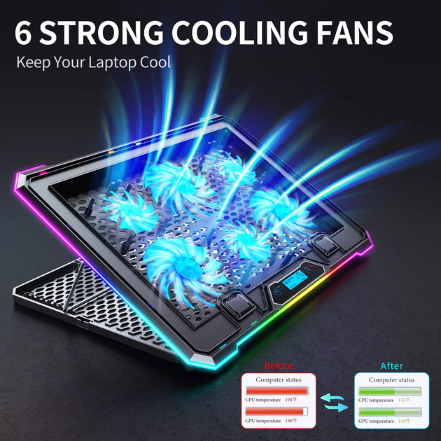 Підставка для ноутбука з охолодженням VHG K15 з USB хабом, RGB-підсвічуванням та підставкою для телефона, Laptop Cooling Pad, Silver - изображение 4