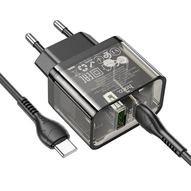 Мережевий зарядний пристрій HOCO N34 Dazzling dual-port PD20W+QC3.0 charger set(Type-C to Type-C) Transparent Black (6931474799180) - Фото 5 Мережевий зарядний пристрій HOCO N34 Dazzling dual-port PD20W+QC3.0 charger set(Type-C to Type-C) Transparent Black (6931474799180) - изображение 5