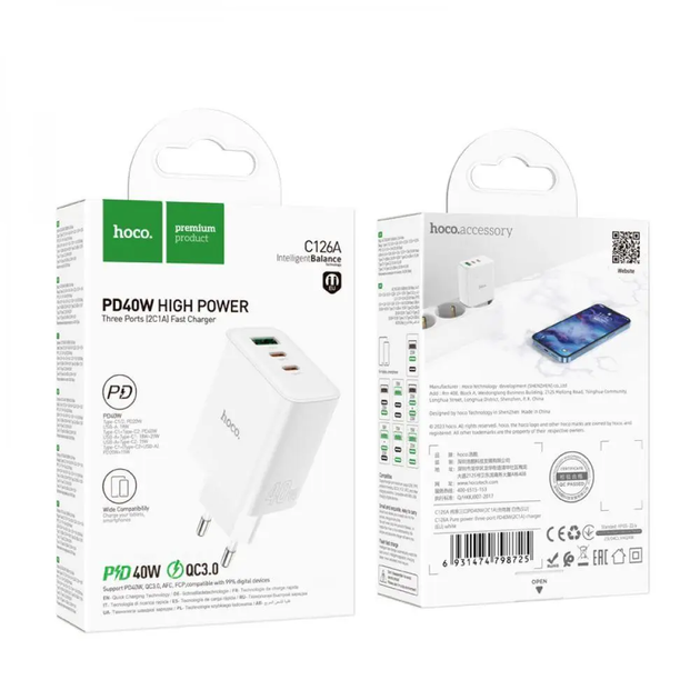 Мережевий зарядний пристрій HOCO C126A Pure power PD40W three-port(2C1A) charger White (6931474798725) - изображение 2