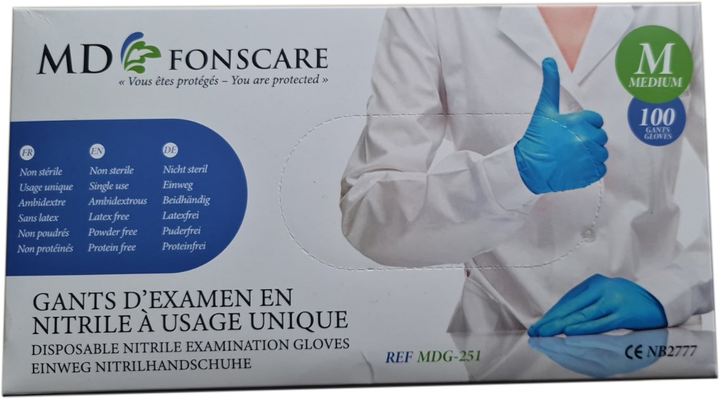 Перчатки смотровые медицинские MD Fonscare нитриловые неприпудренные Размер М 100 шт Синие (6905642864338) - изображение 1