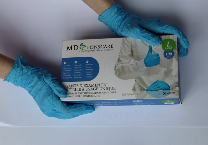 Перчатки смотровые медицинские MD Fonscare нитриловые неприпудренные Размер L 100 шт Синие (6905642864345) - изображение 2