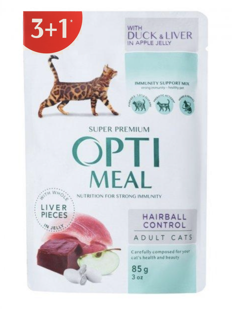 Вологий корм для кішок Optimeal Hairball Control з качкою та печінкою в желе 340 г (3+1) х 8 наборів - зображення 2