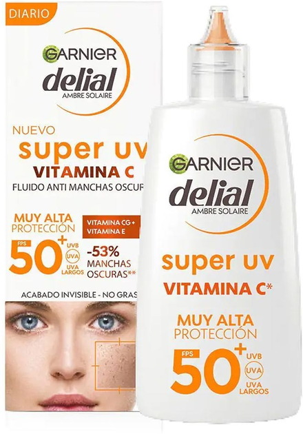 Сонцезахисний флюїд для обличчя Garnier Delial Super UV Anti-spot Vitamin C SPF 50+ 40 мл (3600542573764) - зображення 1