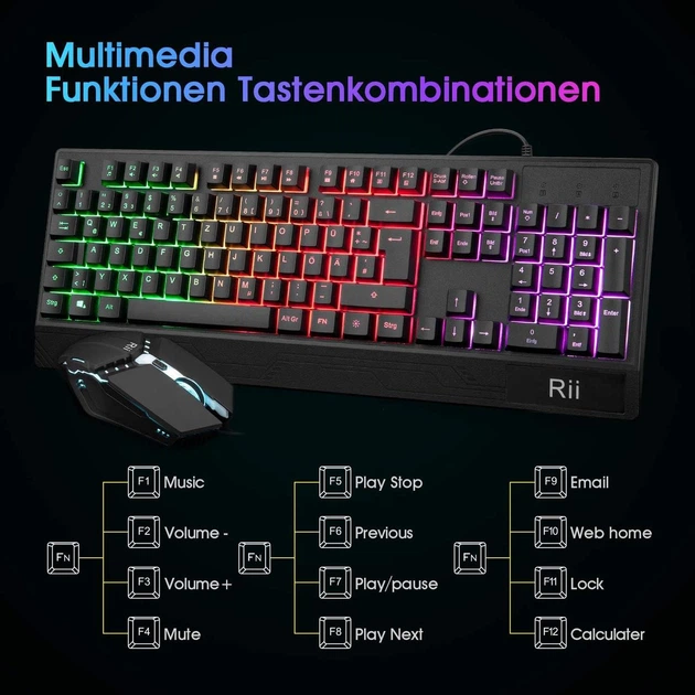 Набір геймерської клавіатури та миші Rii RK400 з RGB-підсвічуванням QWERTZ (німецька розкладка) - зображення 6