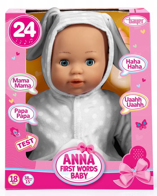 Лялька Bayer Anna First Words Grey Clothes Baby Doll 38 см (4003336414257) - зображення 1