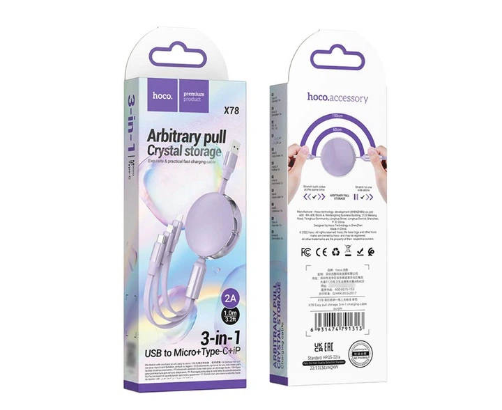 Кабель 3 - в - 1 потрійна рулетка HOCO X78 3 in 1 USB to Lightning + Type-C + MicroUSB - Фото 4 Кабель 3 - в - 1 потрійна рулетка HOCO X78 3 in 1 USB to Lightning + Type-C + MicroUSB - зображення 4