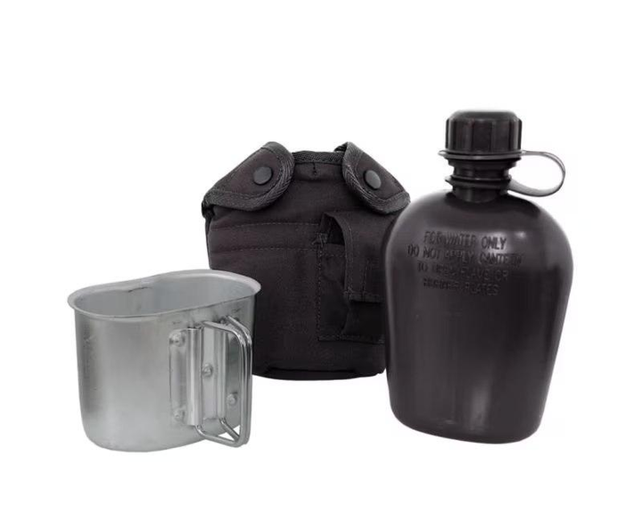 Тактична пластикова фляга з чохлом і чашкою 0,9 л, Mil-Tec US, чорна - зображення 1