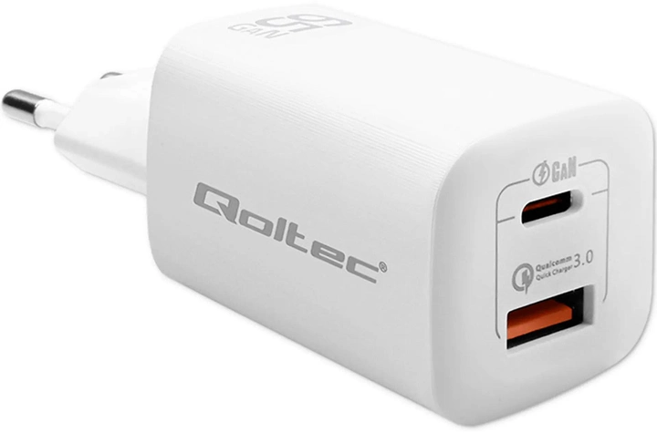 Зарядний пристрій Qoltec GaN Ultra 65W 5-20V USB type C PD QC 3.0 White - зображення 1