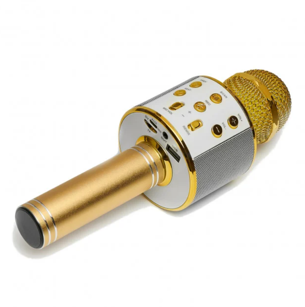 Детский Bluetooth караоке микрофон Wster WS-858 и портативная MP3 колонка 2в1, ручной микрофон Gold - изображение 2