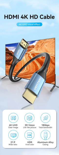Кабель HDMI Vention HDMI to HDMI 2.0 4K@60Hz 18 Гбіт/с HDR 3D Ultra HD Dolby True HD 2 м Black (ALHSH) - зображення 6