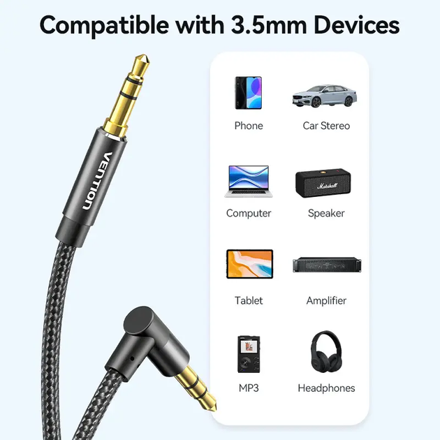 Аудіокабель Vention 3.5 мм minijack AUX TRS 3-піновий у нейлоновому обплетенні кутовий 0.5 м Black (BAZBD) - зображення 4