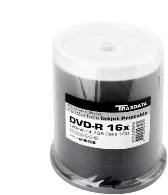 Диски Traxdata Ritek DVD-R 4.7GB 16X Printable Glossy Cake 100 шт (8717202993482) - зображення 1