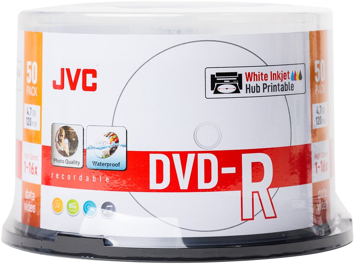 Диски JVC DVD-R 4.7GB 16X Inkjet White Printable Waterproof Photo Gloosy Cake 50 шт (JVD50CPW) - зображення 1