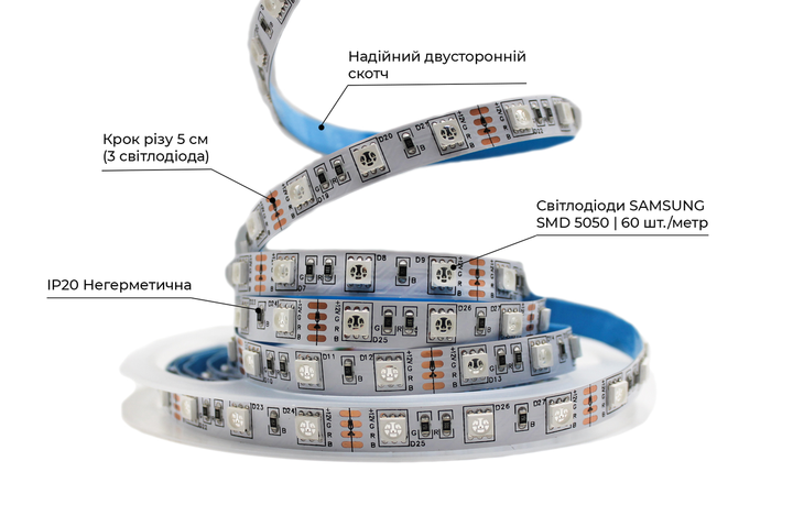 Світлодіодна LED стрічка PROLUM™ 12V; 5050\60; IP20; Series "PRO", RGB - зображення 2