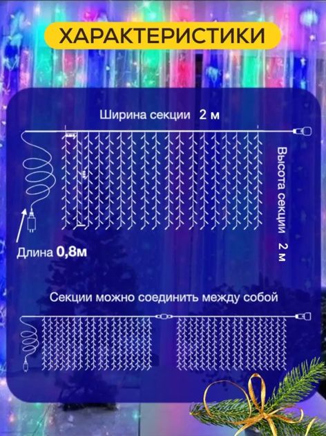 Гирлянда светодиодная Штора 2х2 м 160 LED мультик - Фото 3 Гирлянда светодиодная Штора 2х2 м 160 LED мультик - изображение 3