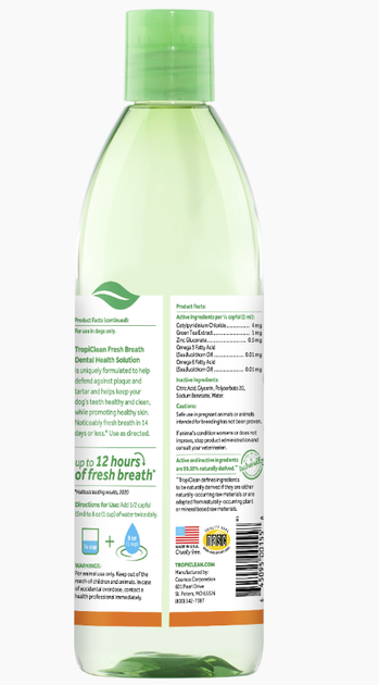 Добавка у воду Догляд за шкірою та шерстю собак Tropiclean Fresh Breath Тропіклін з Омега 3 та Омега 6 473 мл (645095001558) - Фото 2 Добавка у воду Догляд за шкірою та шерстю собак Tropiclean Fresh Breath Тропіклін з Омега 3 та Омега 6 473 мл (645095001558) - зображення 2