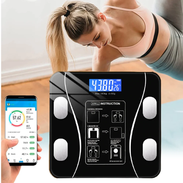 Смарт весы A-8003 Напольные Bluetooth с фитнес приложением для телефона до 180кг Черный - Фото 6 Смарт весы A-8003 Напольные Bluetooth с фитнес приложением для телефона до 180кг Черный - изображение 6