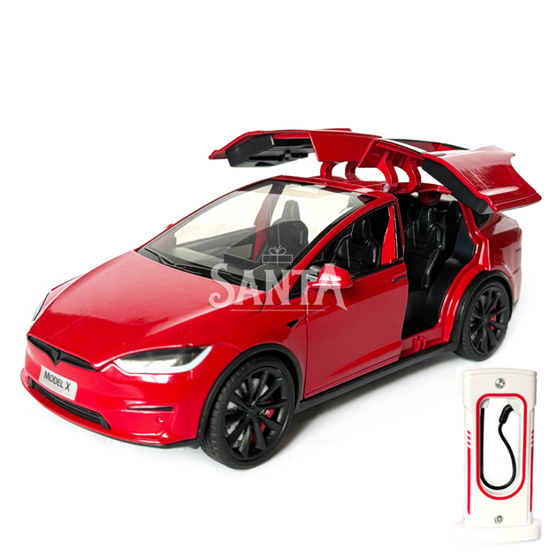 Машинка металлическая Tesla Model X Electrocar Тесла Модель X Электрокар красная 1:24 зарядная станция звук свет откр двери капот багажник резина колеса 18*6*8см (AP-2004) - изображение 5