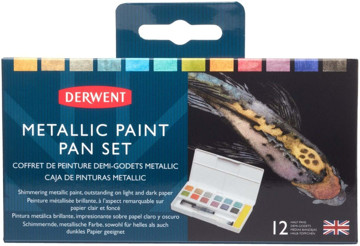 Zestaw farb akwarelowych Derwent Metallic Paint z pędzelkiem i zbiornikiem 12 kolorów (5028252599924) - obraz 1