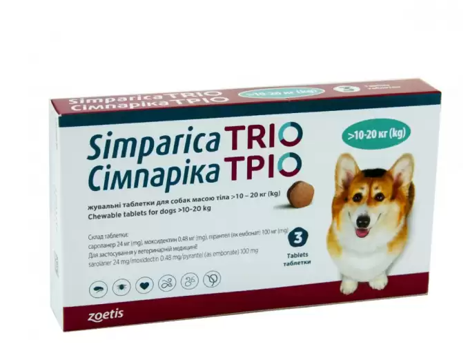 Таблетка против внешних и внутренних паразитов для собак Zoetis Simparica TRIO от 10 до 20 кг ЦЕНА ЗА 1 ШТ 10024337 - Фото 1 Таблетка против внешних и внутренних паразитов для собак Zoetis Simparica TRIO от 10 до 20 кг ЦЕНА ЗА 1 ШТ 10024337 - изображение 1