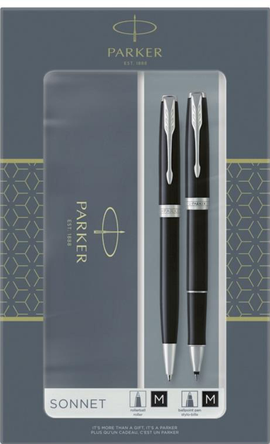 Zestaw Parker Sonnet Black Chrome Trim Ball Pen & Rollerball Długopis + Długopis Rollerball Niebieskie (3026980932596) - obraz 1