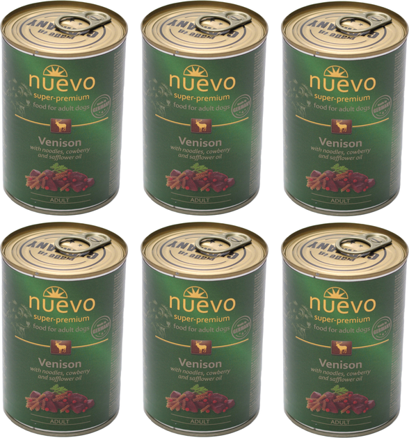 Упаковка консерв для собак Nuevo Adult з макаронами й олениною 6 шт. 400 г (4250231595509) - зображення 1