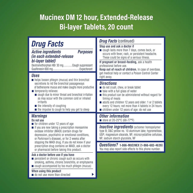 Муцинекс ДМ таблетки від кашлю, Mucinex DM, 600мг 20шт - зображення 2