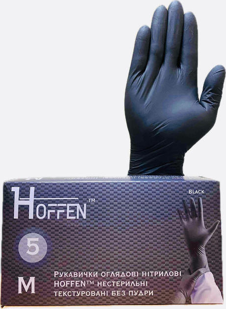 Міцні рукавички чорні нітрилові 5 грам HOFFEN нестерильні текстуровані без пудри,розмір М - изображение 1