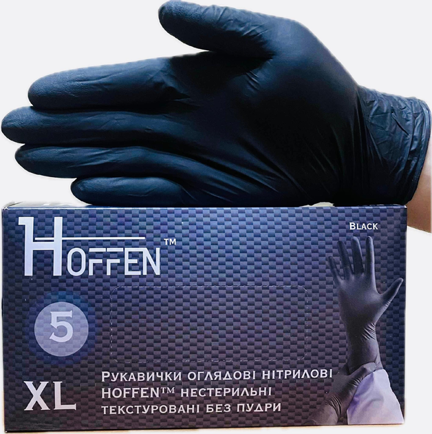 Міцні рукавички чорні нітрилові 5 грам HOFFEN нестерильні текстуровані без пудри,розмір XL - изображение 1