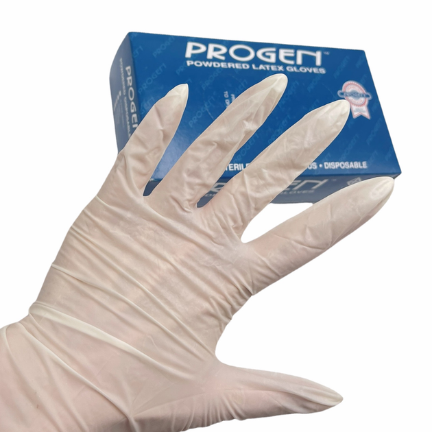 Одноразові пудровані білі нестерильні латексні рукавички PROGEN (Medium, розмір M), 100шт./уп. - зображення 2