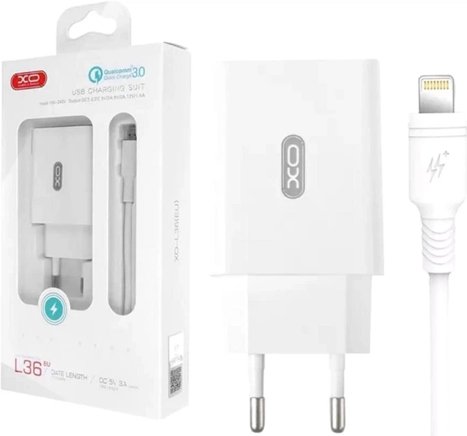 Сетевое зарядное устройство XO QC 3.0 L36 18W/1USB + Lightning White (L36-L-WH) - Фото 4 Сетевое зарядное устройство XO QC 3.0 L36 18W/1USB + Lightning White (L36-L-WH) - изображение 4