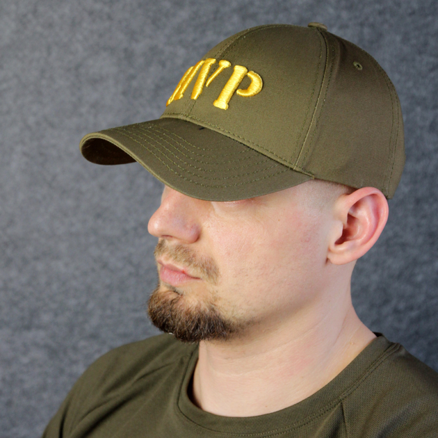 Бейсболка хакі з жовтою вишивкою MVP Born to win на літо з регулюванням розміру one size