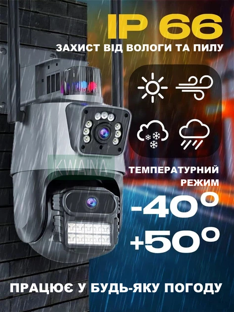 Вулична охоронна поворотна Wi-Fi IP камера спостереження з двома об'єктивами, нічне бачення з сиреною та зумом - зображення 2