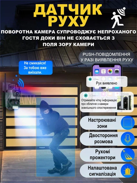 Вулична охоронна поворотна Wi-Fi IP камера спостереження з двома об'єктивами, нічне бачення з сиреною та зумом - зображення 6