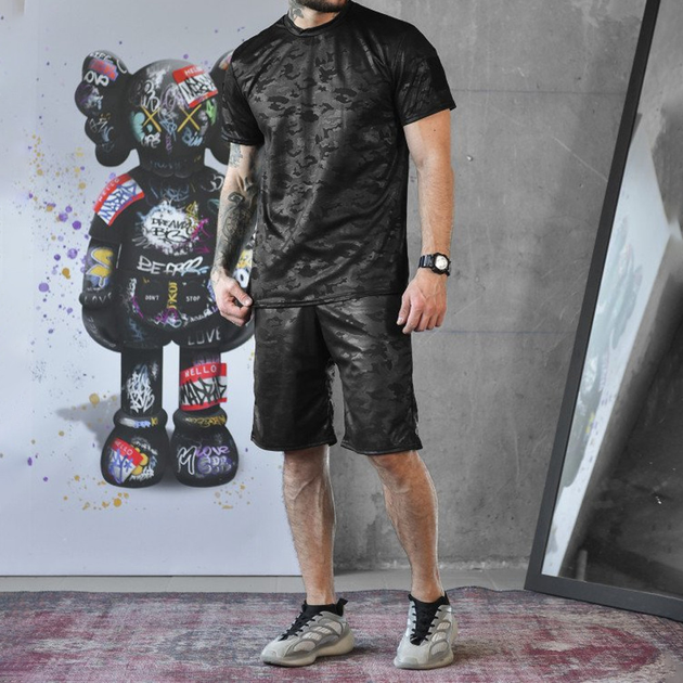 Чоловічий літній комплект Coolmax футболка + шорти чорний мультикам розмір L - зображення 1