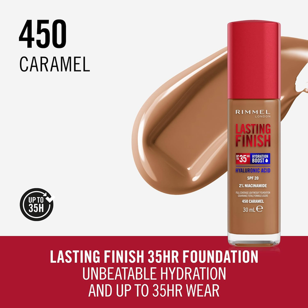 Podkład do twarzy Rimmel London Lasting Finish Hydration Boost 35H SPF 20 450 Caramel 30 ml (3616304825248) - obraz 2