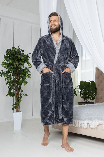 Мужской махровый халат Romance Collection серый в полоску с двумя ...