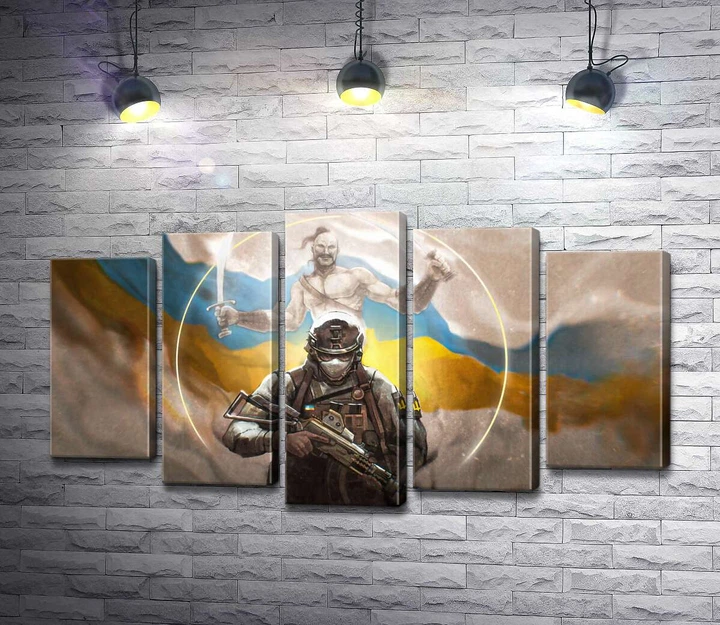 Модульная картина Воин и казак на фоне флага Украины 100x58 см Модуль №4 (003911) - Фото 1 Модульная картина Воин и казак на фоне флага Украины 100x58 см Модуль №4 (003911) - изображение 1