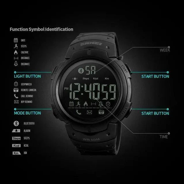 Часы смарт мужские спортивные Skmei 1301 Шагомер Bluetooth ударопрочные Черные - Фото 3 Часы смарт мужские спортивные Skmei 1301 Шагомер Bluetooth ударопрочные Черные - изображение 3