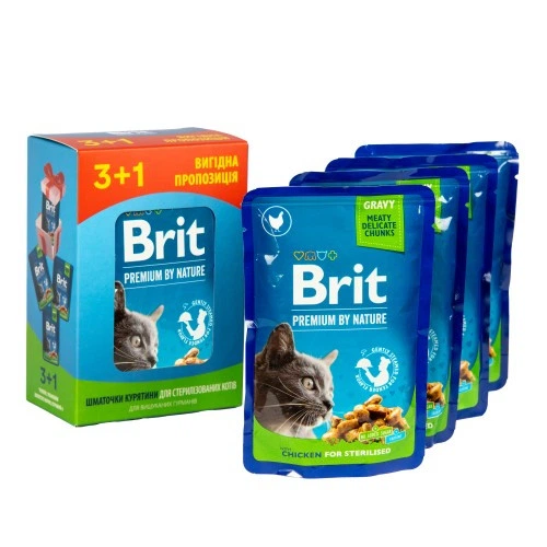 Набір паучів "3+1" для стерилізованих котів Brit Premium Cat pouch Chicken Slices for Sterilised з куркою, 4х100г - зображення 5