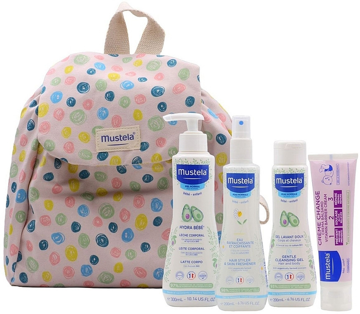 Дитячий косметичний набір Mustela Bebe Little Moments Mochila Lunares Гель для душу 200 мл + Крем для тіла 100 мл + Лосьйон для тіла 300 мл + Спрей для тіла 200 мл + Рюкзак (8436034154044) - зображення 1